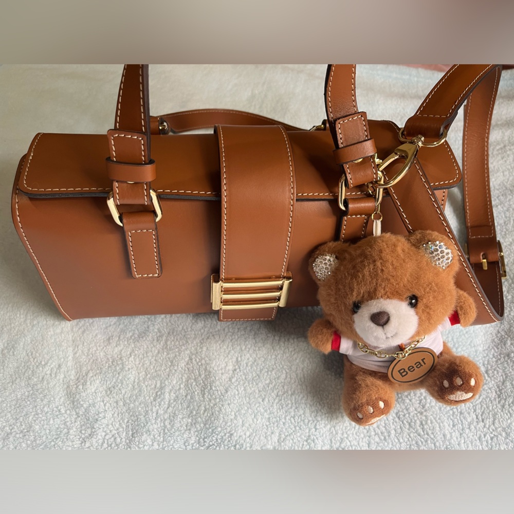 Divina Firenze Genuine Leather Brown Satchel Bag with Bear Charm